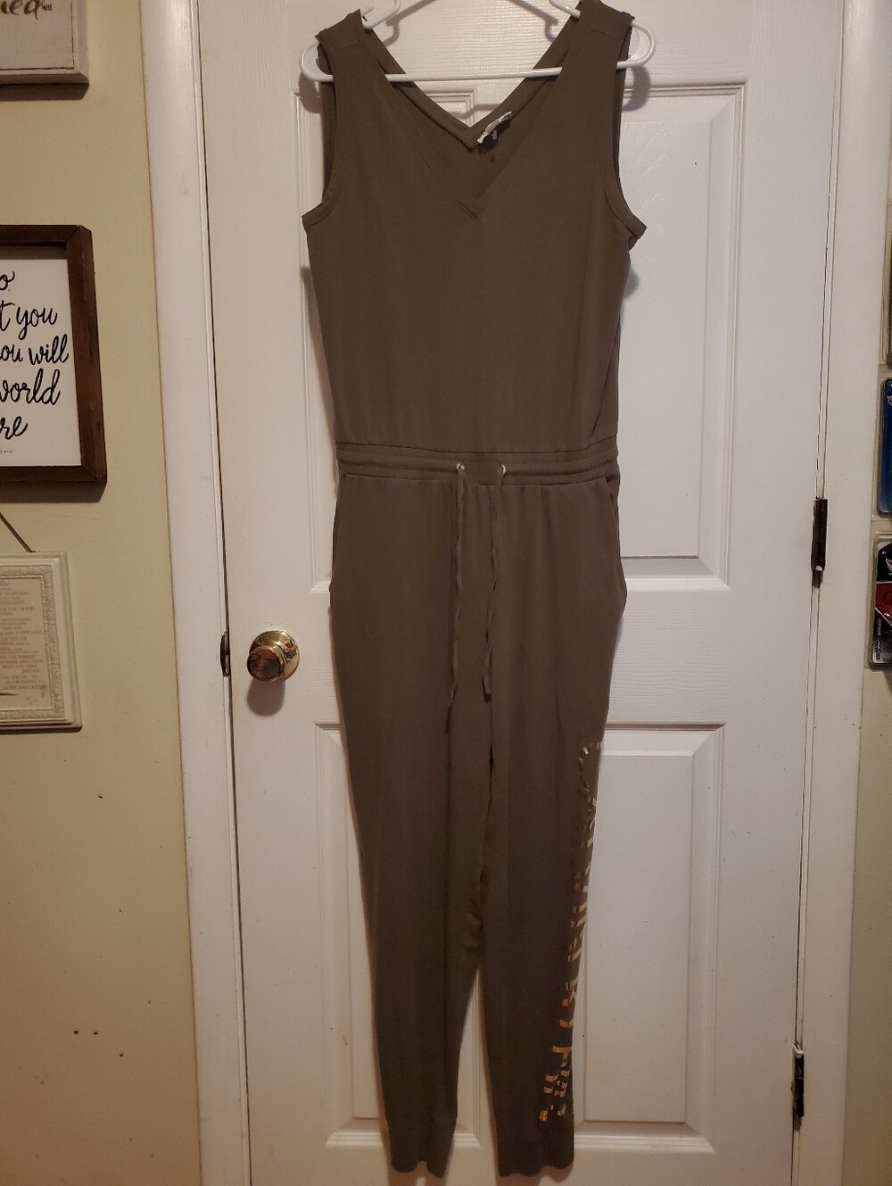 Calvin Klein Olive Sleeveless V-Neck Jumpsuit with Drawstring Waist
